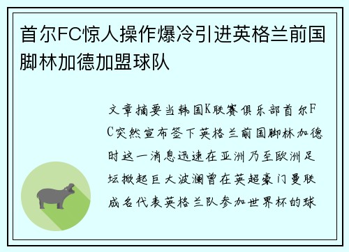 首尔FC惊人操作爆冷引进英格兰前国脚林加德加盟球队